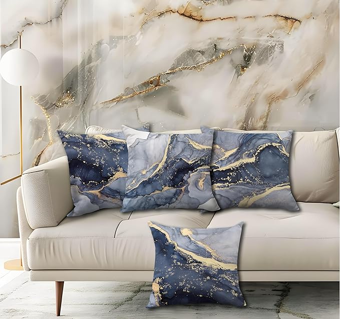 OGILRE Blue and Gold Pillow Covers, Modern Abstract Marble Texture Blue Gold - Image 2
