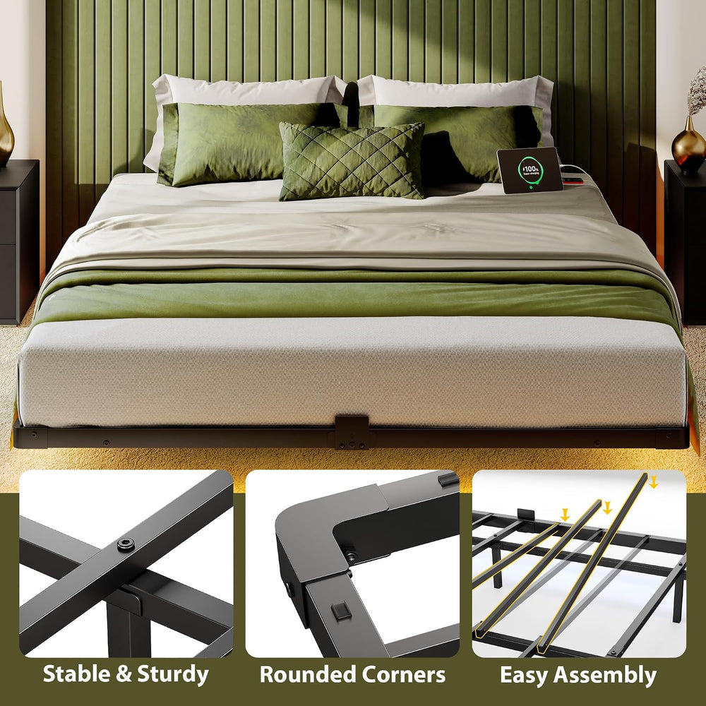 Floating Bed Frame Queen Size, Smart LED Lights & Charging Station, 9.45&...