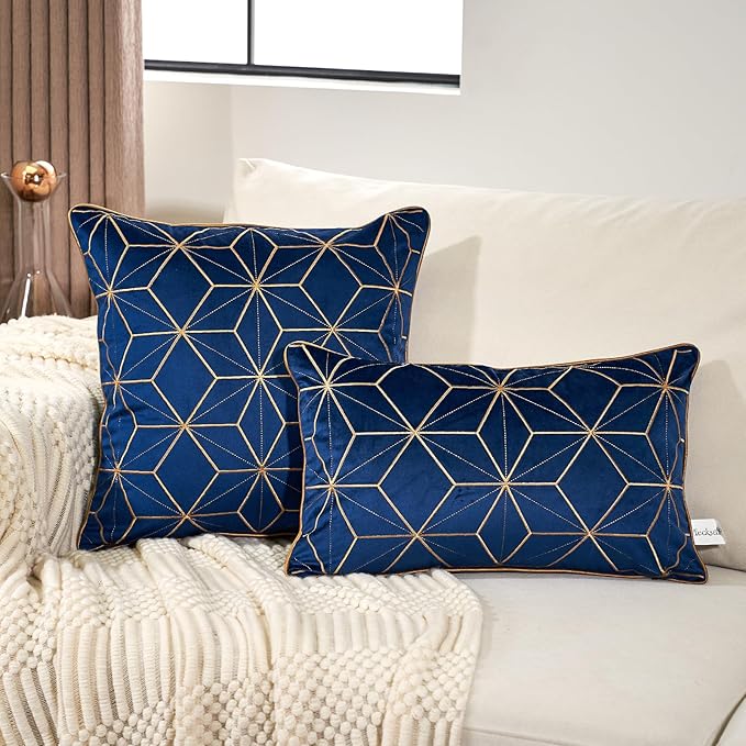 Aeckself 16 x 16 Inch Navy Blue Gold Plaid Geometric Lines Embroidery Velvet - Image 4