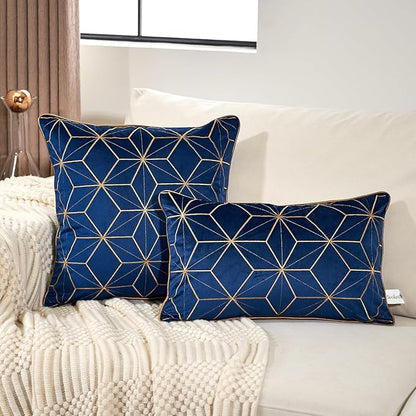 Aeckself 16 x 16 Inch Navy Blue Gold Plaid Geometric Lines Embroidery Velvet - Image 4