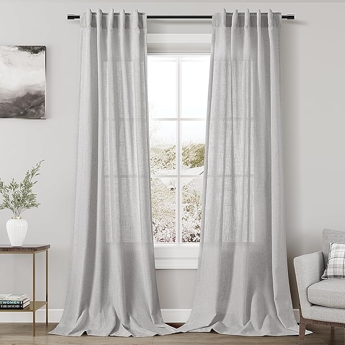 Grey Linen Textured 96 Inch Curtains 2 Panel Set Back Tab Rod Pocket Sheer by Nanspring