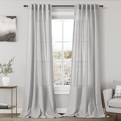 Grey Linen Textured 96 Inch Curtains 2 Panel Set Back Tab Rod Pocket Sheer by Nanspring