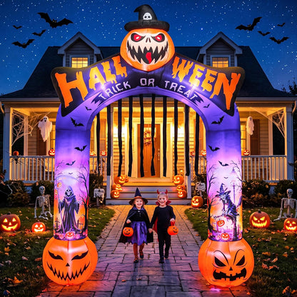 10 FT Halloween Inflatable Archway, Built-in LED Lights, Blow Up Outdoor Yard Decoration with Grim Reaper Witch Bat Patterns for Front Lawn Garden Party Décor Outdoor Holiday Party