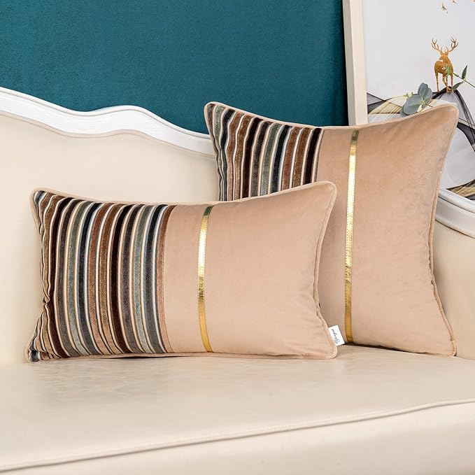 Yangest Brown Striped Patchwork Throw Pillow Cover Gold Leather Cushion Cover - Image 6