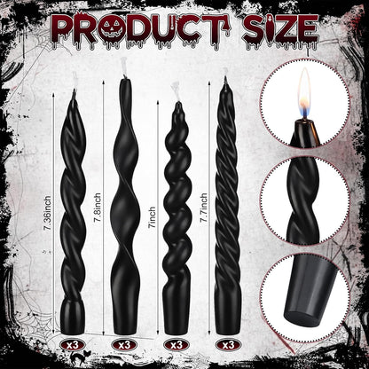 Nuanchu 12 Pcs Black Spiral Taper Candle 7.5" Halloween Twisted Candlestick