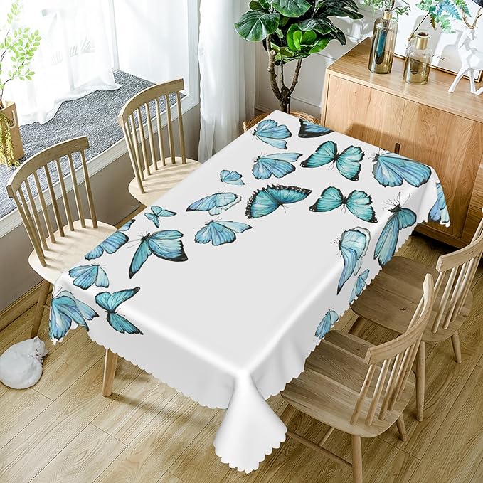 60x108inches Blue Butterfly Rectangle Table Cloth Nature Butterflies White - Image 5