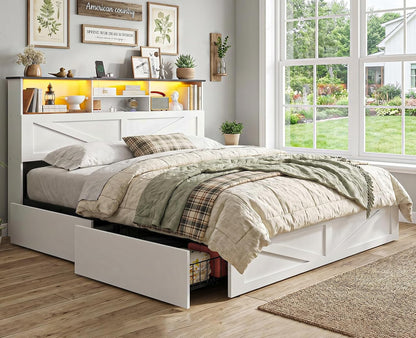 aogllati queen bed frame with storage bookcase headboard, front angle view