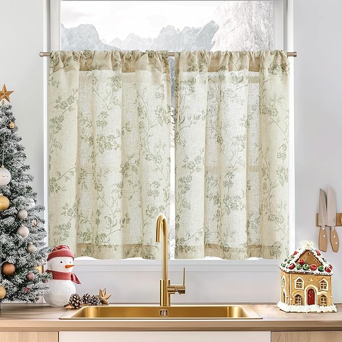 jinchan Floral Kitchen Curtains 36 Inch Linen Tier Curtains Christmas Decor by JINCHAN
