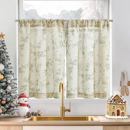 jinchan Floral Kitchen Curtains 36 Inch Linen Tier Curtains Christmas Decor by JINCHAN