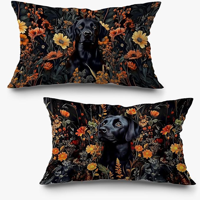 Moody Floral Black Labrador Retriever Pillow Covers 12x20 Set of 2, Dark by Exqcom