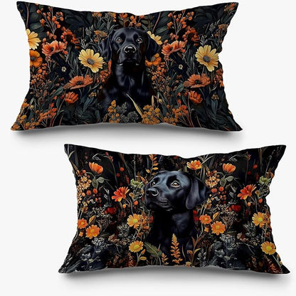Moody Floral Black Labrador Retriever Pillow Covers 12x20 Set of 2, Dark by Exqcom