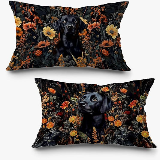Moody Floral Black Labrador Retriever Pillow Covers 12x20 Set of 2, Dark by Exqcom