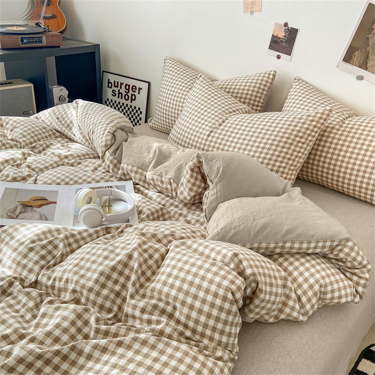 nayoroom gingham duvet cover set queen brown tan, side view