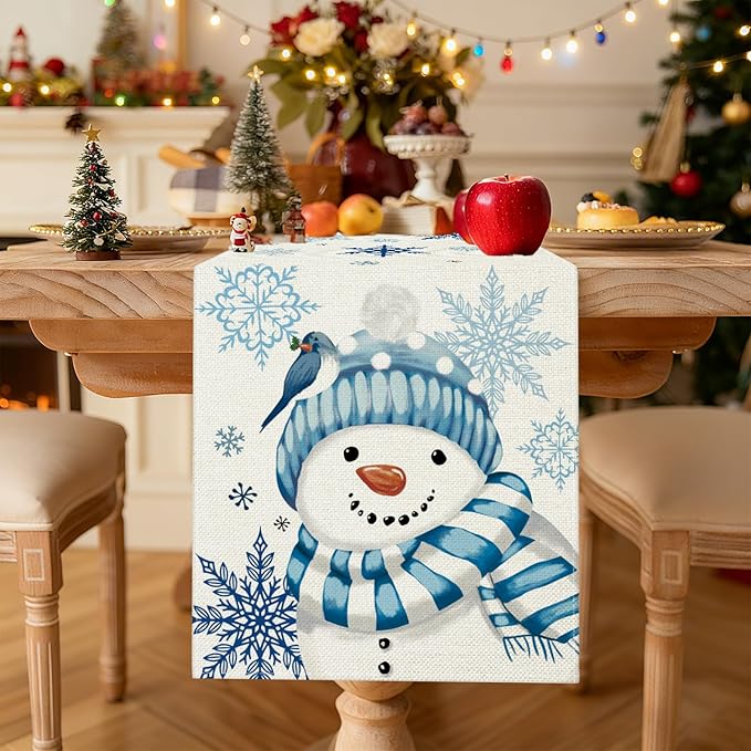 OTOSTAR Snowflakes and Blue Snowman Christmas Table Runner, Xmas Seasonal - Image 2