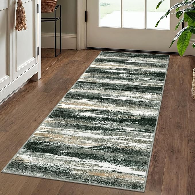 Modern Abstract Runner Rug 2x5, Forest Green Washable Entryway Kitchen Runner - Image 2