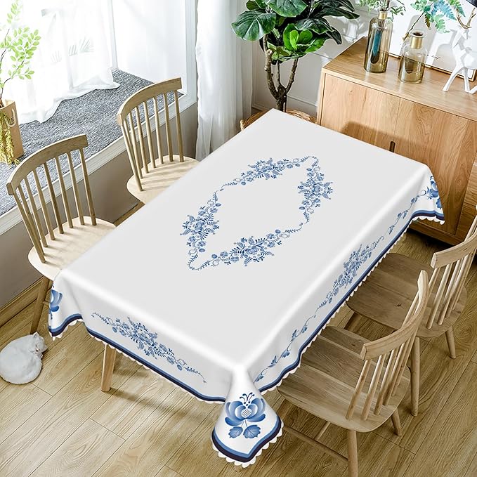 52x70inches Blue Floral Rectangle Tablecloth Blue and White Porcelain - Image 5