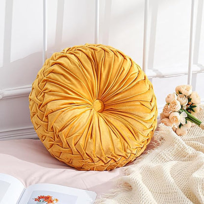 1 Pcs Round Throw Pillows Decorative Velvet Pleated Throw Pillows 15'' Diameter by Drydiet