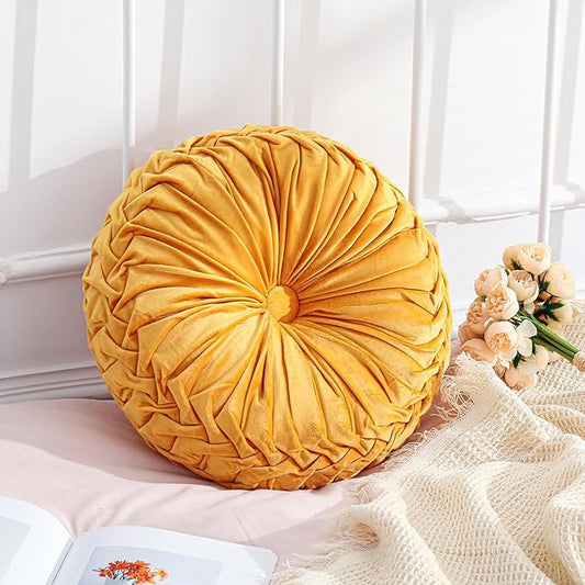 1 Pcs Round Throw Pillows Decorative Velvet Pleated Throw Pillows 15'' Diameter by Drydiet