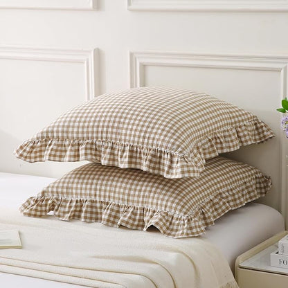 Aryeleay 2 Pack Taupe White Plaid Gingham Ruffle Pillow Shams, 100% Washed - Image 2