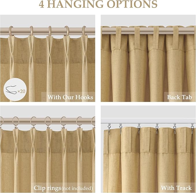 Gold Pinch Pleated Linen Curtains 90 Inch Length 2 Panels - Image 5