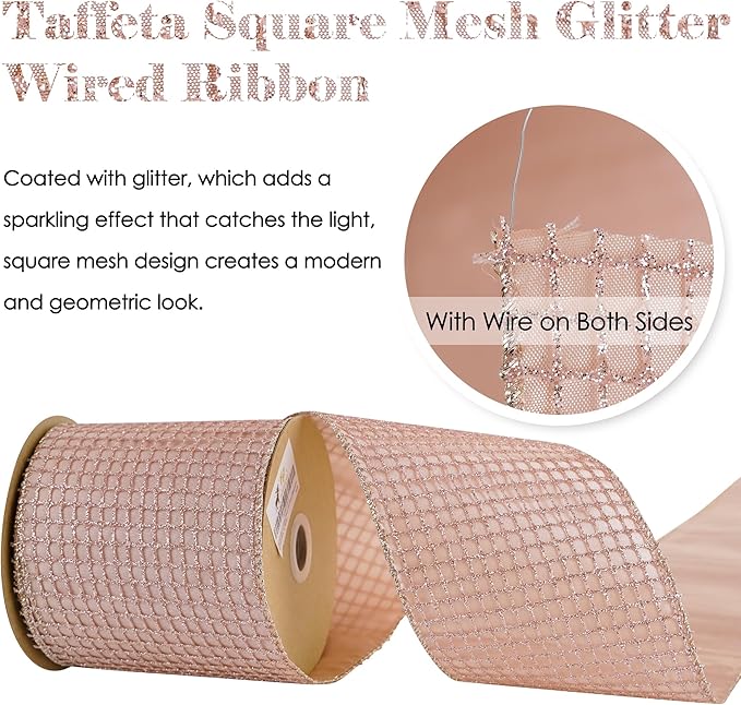 HUIHUANG Rose Gold Glitter Wired Ribbon 4 inch Square Mesh Netting Wired Ribbon - Image 4