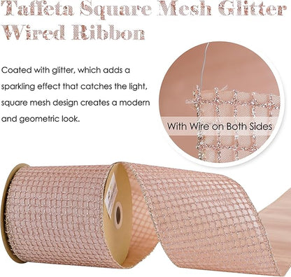 HUIHUANG Rose Gold Glitter Wired Ribbon 4 inch Square Mesh Netting Wired Ribbon - Image 4