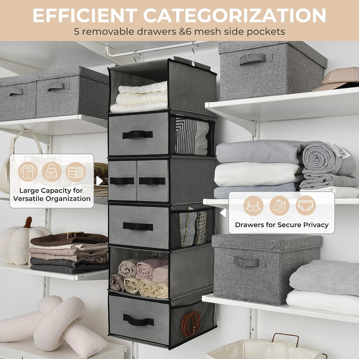 granny says hanging closet organizer, 5 drawers, 6 showing dimensions