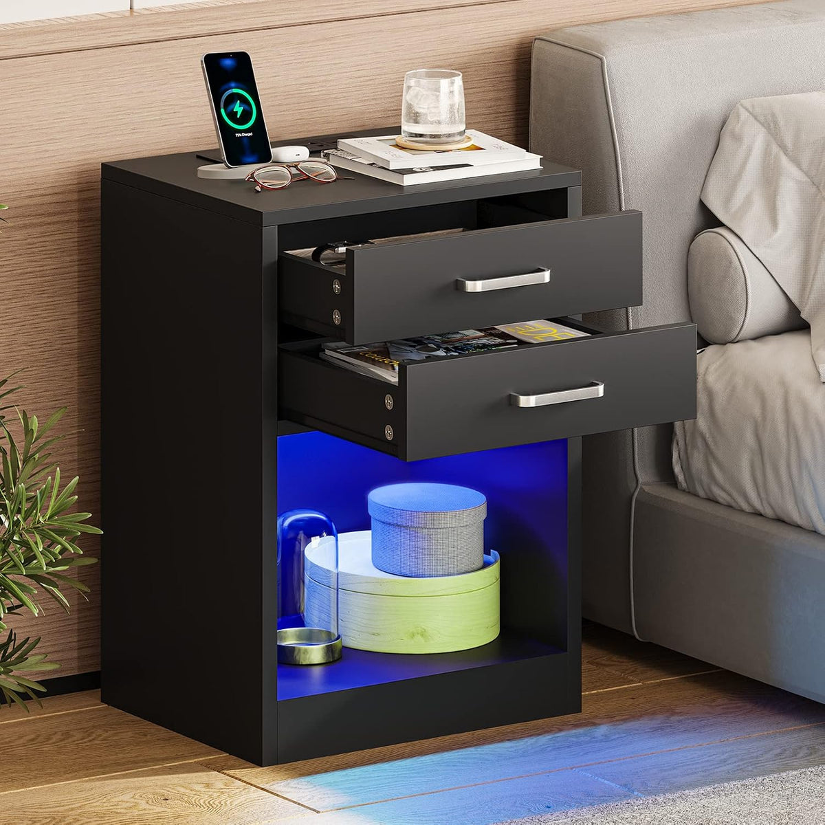 adorneve black nightstand set of 2,led bedside table, package contents