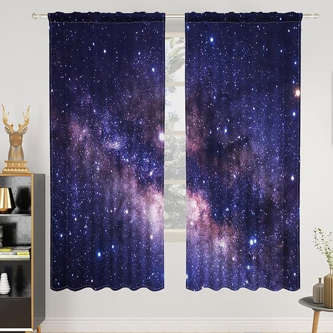 Renaiss 26 x 63 Inch Purple Galaxy Kitchen Window Curtains Tier Outer Space by Renaiss