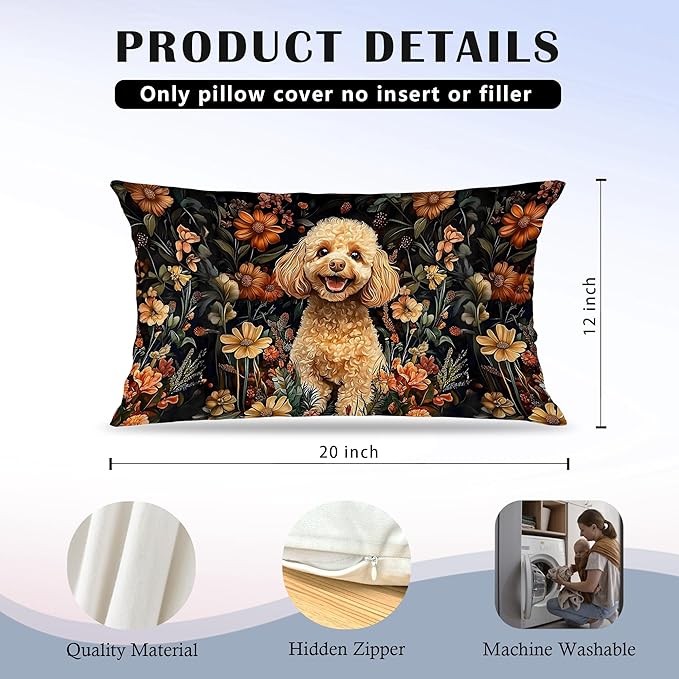 Moody Floral Poodle Pillow Covers 12x20 Set of 2, Poodle Gifts, Dark - Image 5