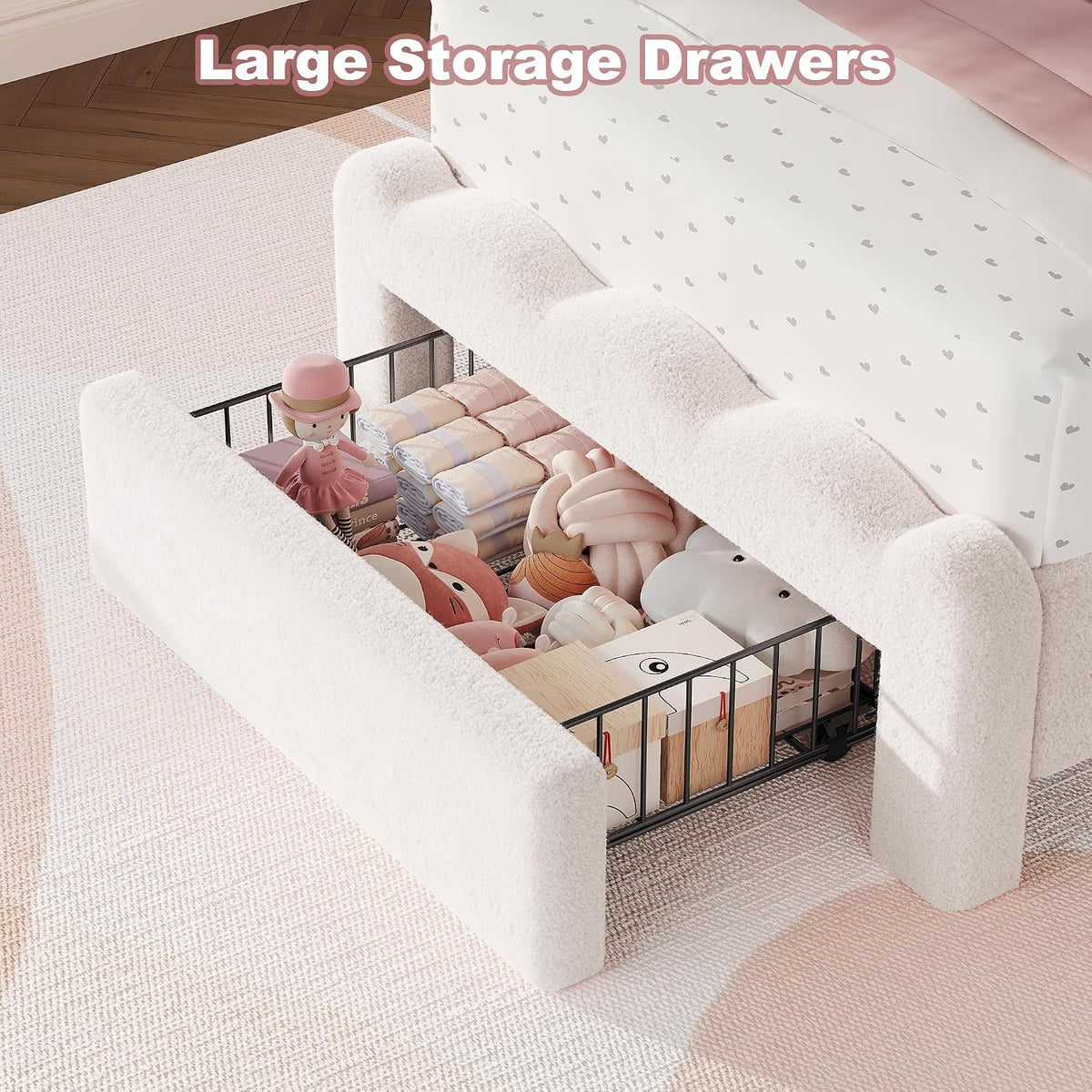 decofy twin bed frame with storage drawer, cloud, side view