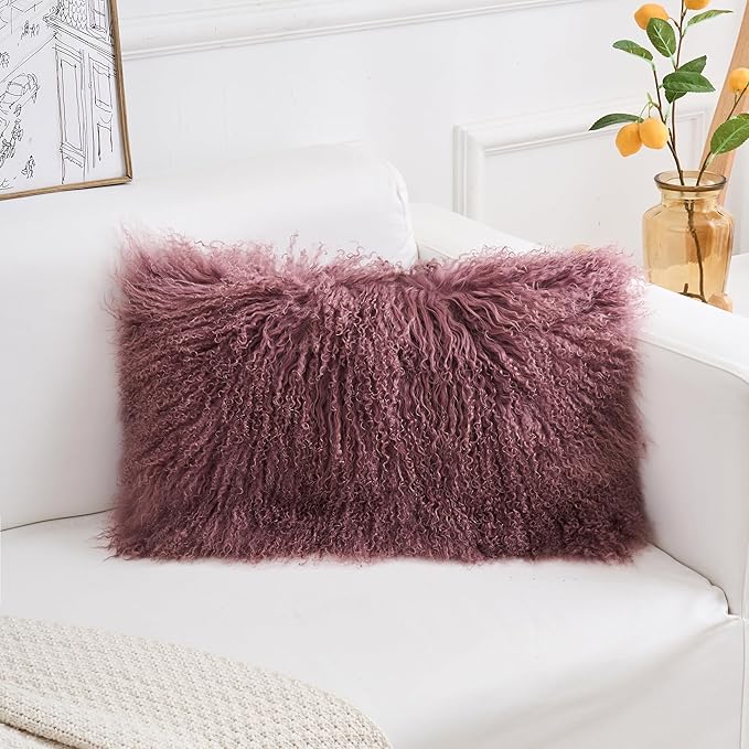 Genuine Mongolian Lamb Fur Pillow Cover – 12"x20" Rectangular Cushion Case – - Image 2