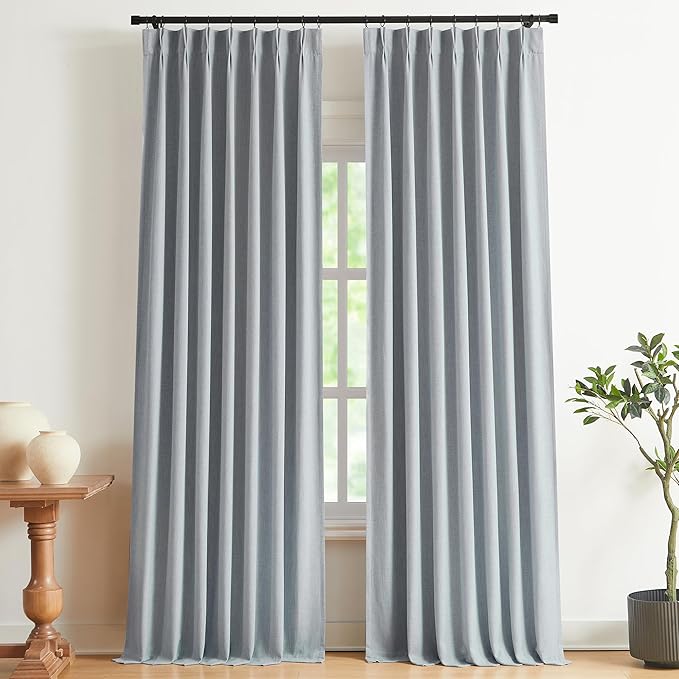 Vision Home Blue Gray Pinch Pleated Full Blackout Curtains Linen Blended Room - Image 9