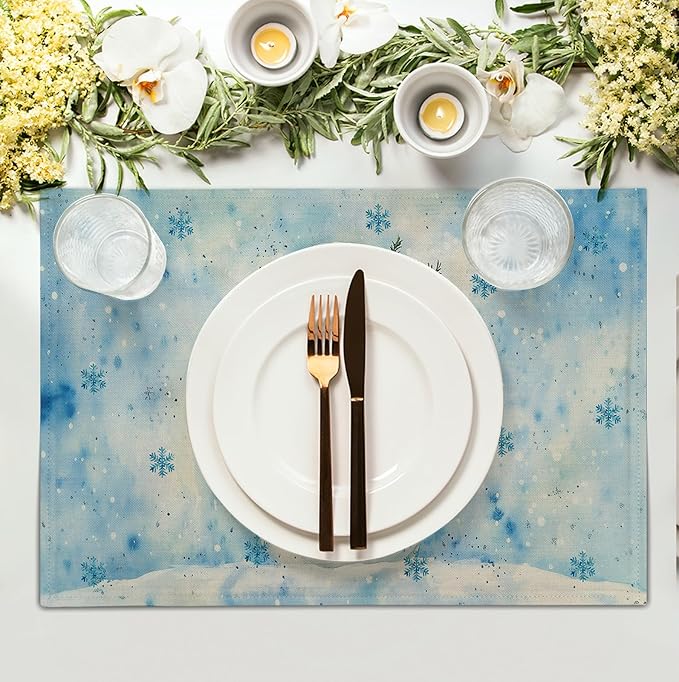 Blue Snowman Snowflake Winter Placemats Set of 4 Seasonal Christmas Linen Table - Image 3