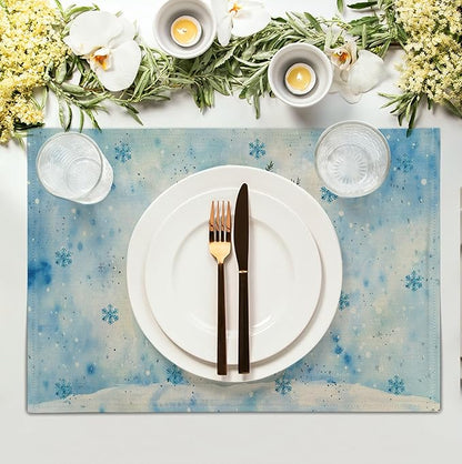 Blue Snowman Snowflake Winter Placemats Set of 4 Seasonal Christmas Linen Table - Image 3