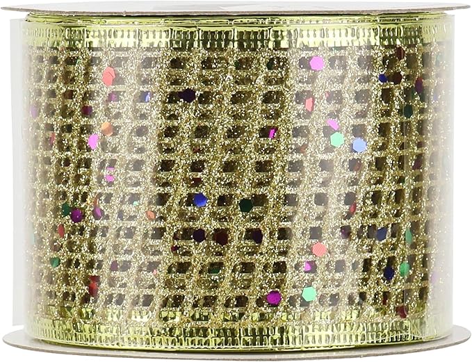 MEEDEE Gold Glitter Christmas Ribbon 2.5 Inch Square Mesh Net Wired Ribbons - Image 9