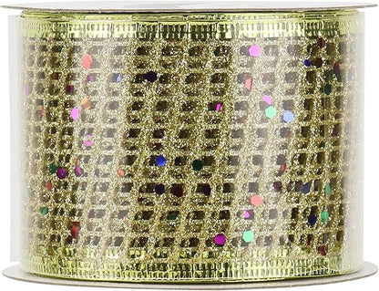 MEEDEE Gold Glitter Christmas Ribbon 2.5 Inch Square Mesh Net Wired Ribbons - Image 9