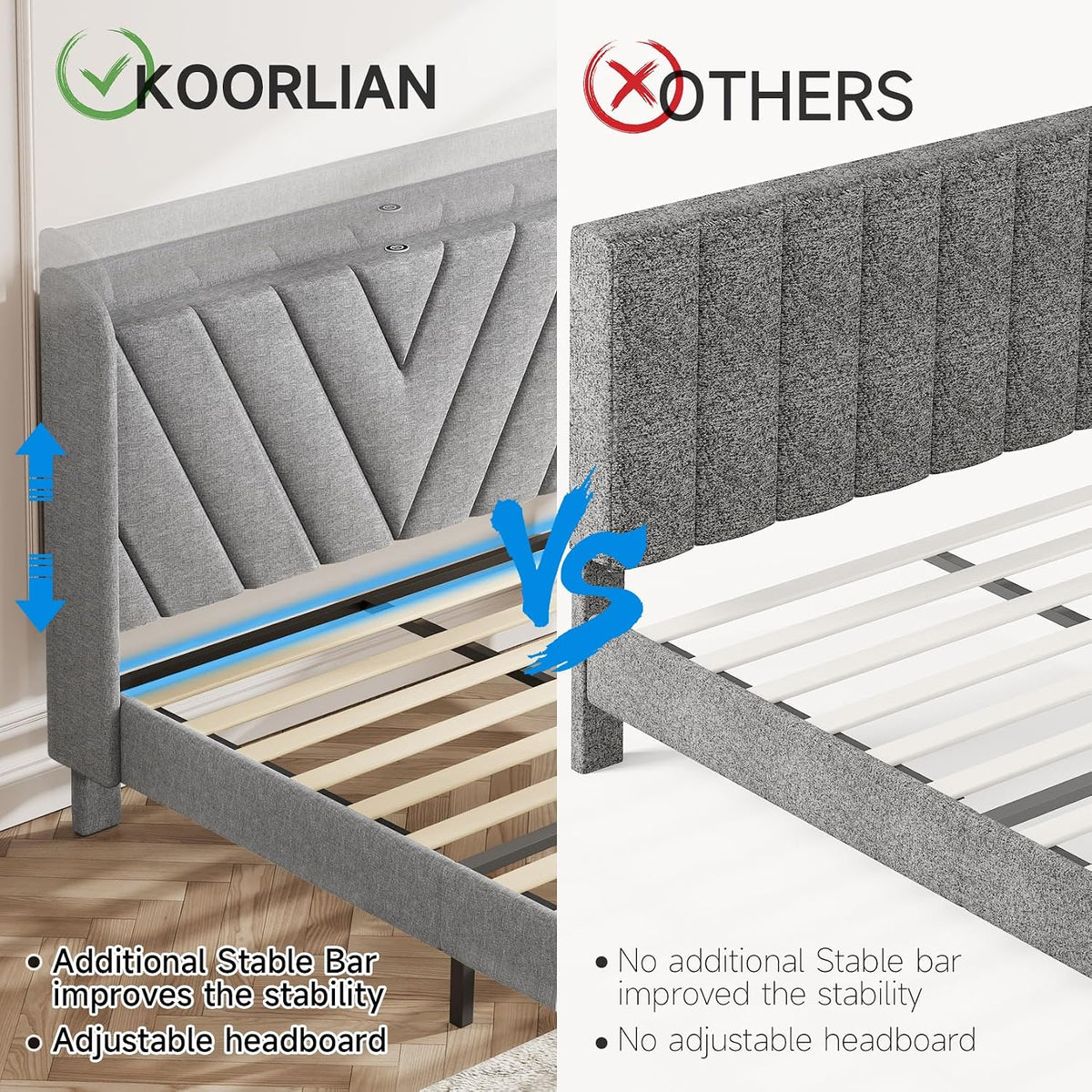 koorlian queen bed frame with headboard, adjustable upholstered showing dimensions