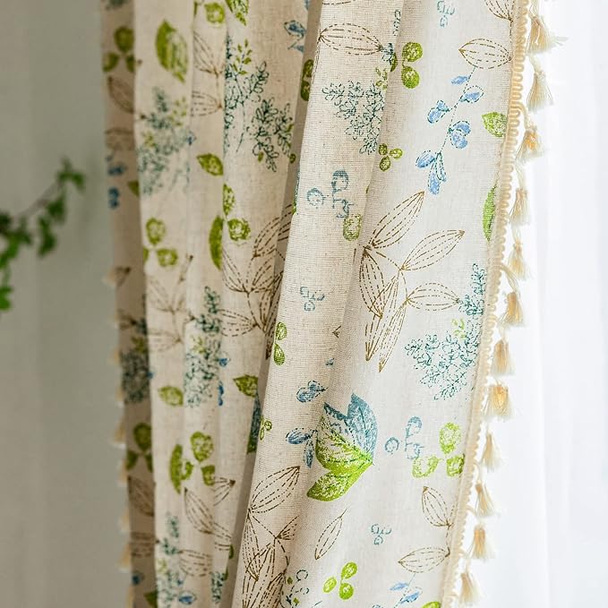 ENJOYBRIDAL Leaf Curtains 84 Inch Length 2 Panels Tassel Boho Semi Sheer Drapes by ENJOYBRIDAL