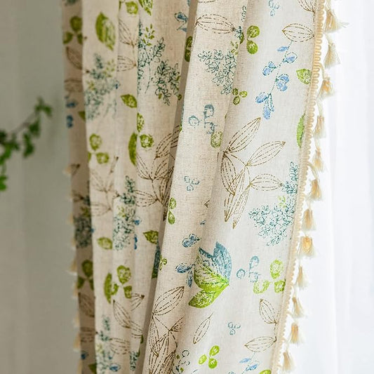 ENJOYBRIDAL Leaf Curtains 63 Inch Length 2 Panels Tassel Boho Semi Sheer Drapes by ENJOYBRIDAL