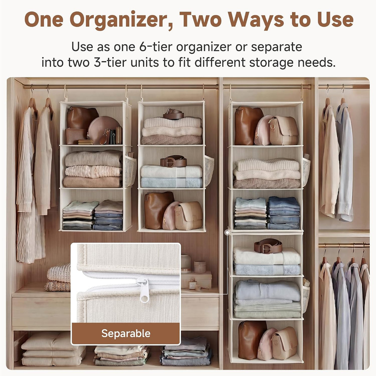 storageworks hanging closet organizer, 6-shelf with 2-in-1 design, side view