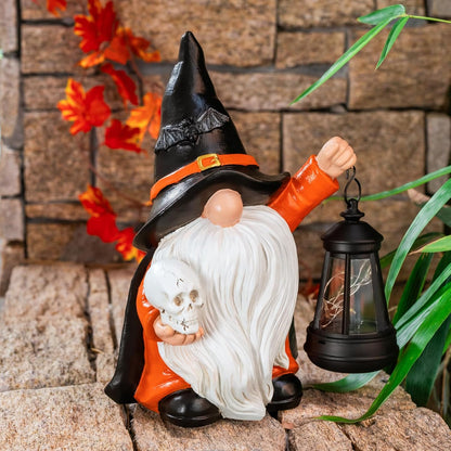 Halloween Gnome Decoration Garden Statues with Skull Solar Gnomes with LED Lantern Halloween Outdoor Porch Patio Yard Art Ornament Holiday Gardening Gifts for Mom Women