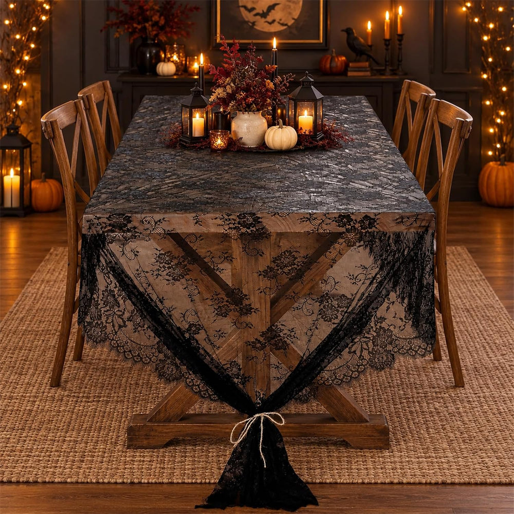 3Pcs Black Lace Tablecloth 60x120 Inch Rustic Halloween Home Decor