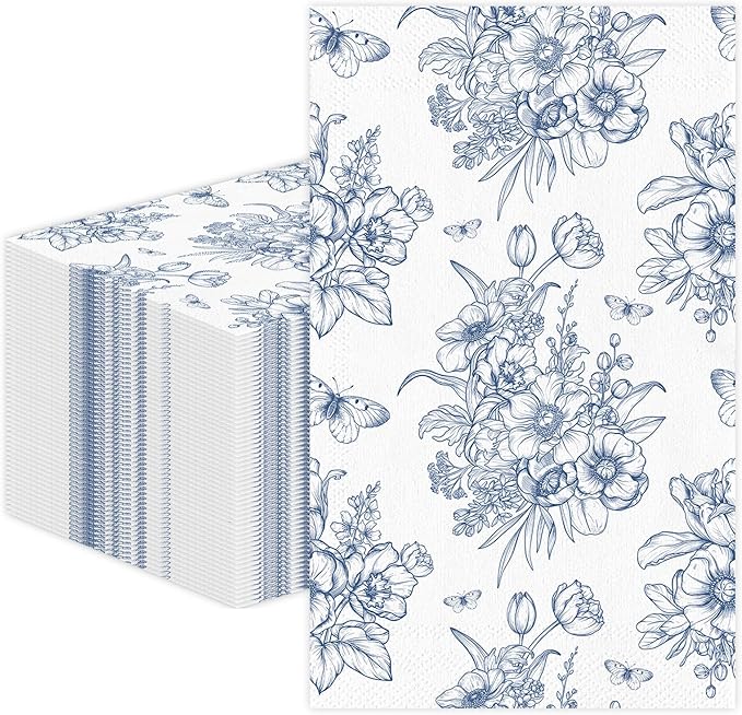 100 PCS Blue Floral Paper Napkins, Disposable Blue & White Flowers Bathroom by Unknown