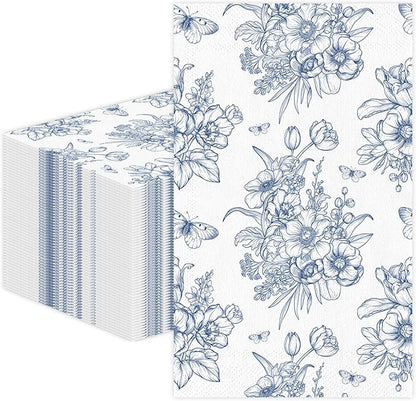 100 PCS Blue Floral Paper Napkins, Disposable Blue & White Flowers Bathroom by Unknown