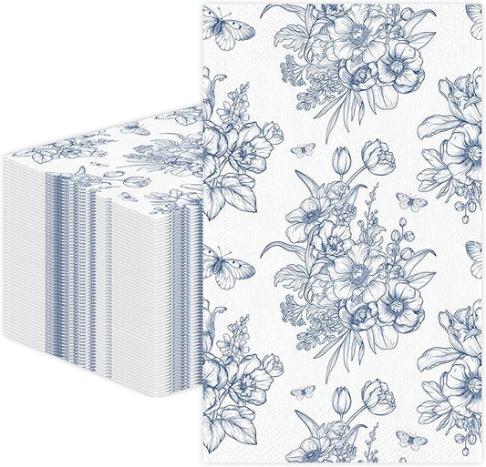 100 PCS Blue Floral Paper Napkins, Disposable Blue & White Flowers Bathroom by Unknown