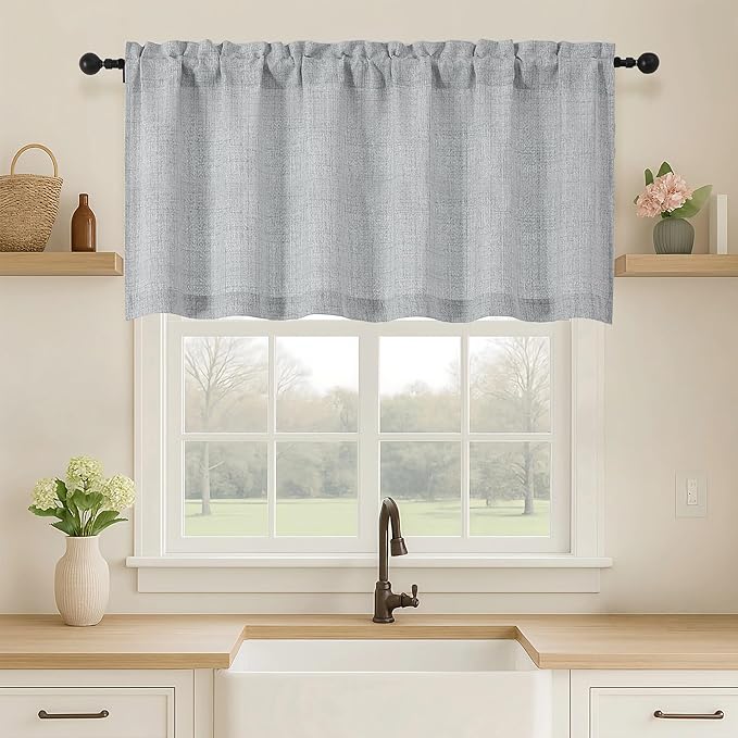 OVZME Grey Valance for Windows, Light Filtering Faux Linen Textured Small Cafe by OVZME