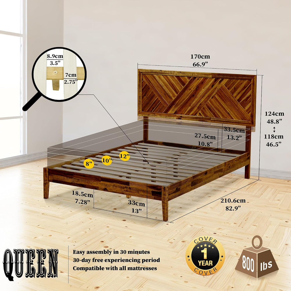 Acacia Sierra Queen Solid Wood Bed Frame, Adjustable Headboard, Walnut
