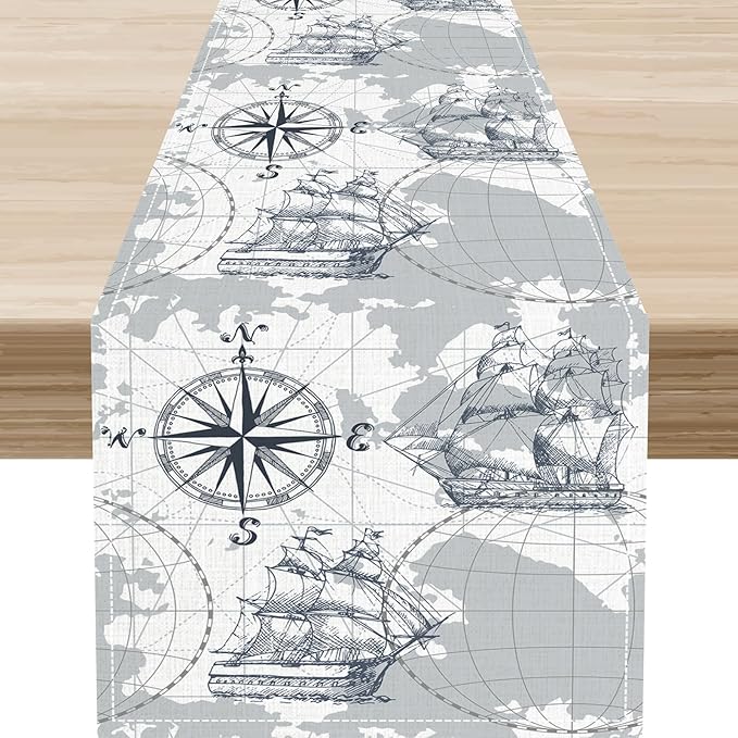 Nautical Table Runner, Retro Coastal Treasure Map Sailing Ship Compass by Unknown