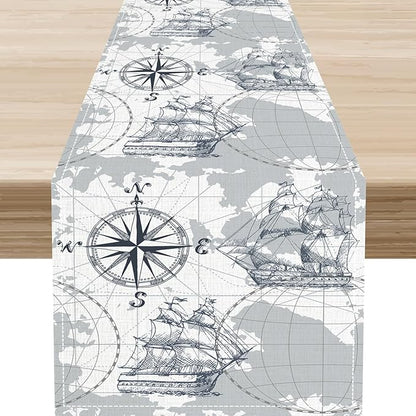 Nautical Table Runner, Retro Coastal Treasure Map Sailing Ship Compass by Unknown